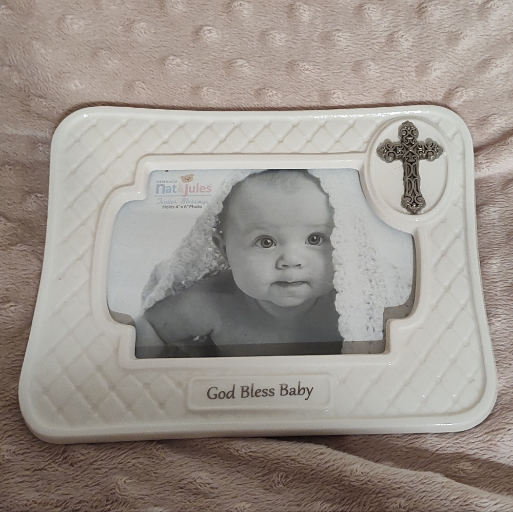 Demdaco Nat & Jules God Bless Baby Ceramic Picture Frame Hang Table Stand NWT